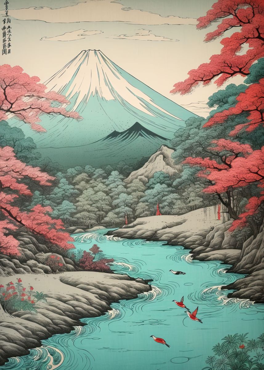 'Vintage Mount Fuji Spring' Poster, picture, metal print, paint by ...