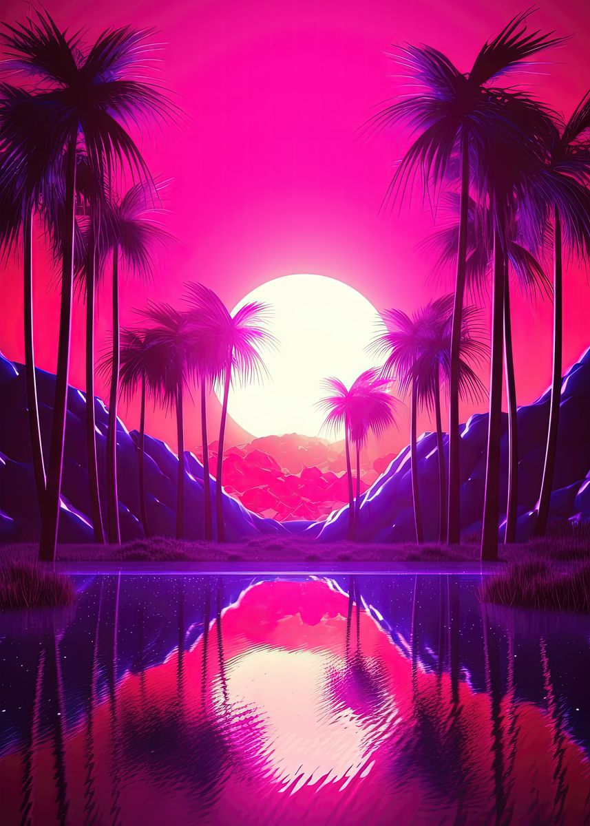 'Serene Synthwave Paradise' Poster, picture, metal print, paint by ...