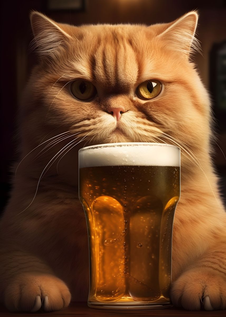 'Cute Cat Drinking Beer' Poster by Pixaverse Displate