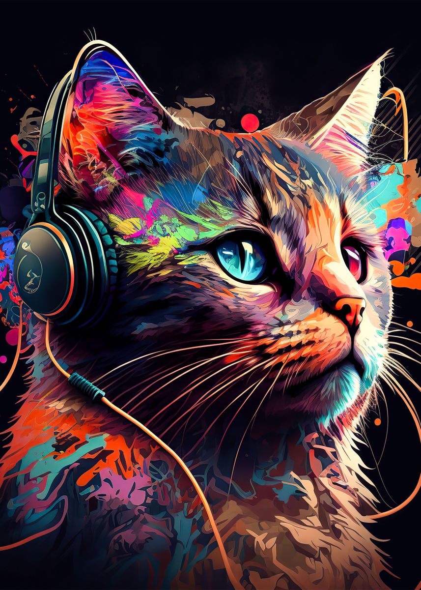 'Cat headphone dj music' Poster, picture, metal print, paint by lauren ...