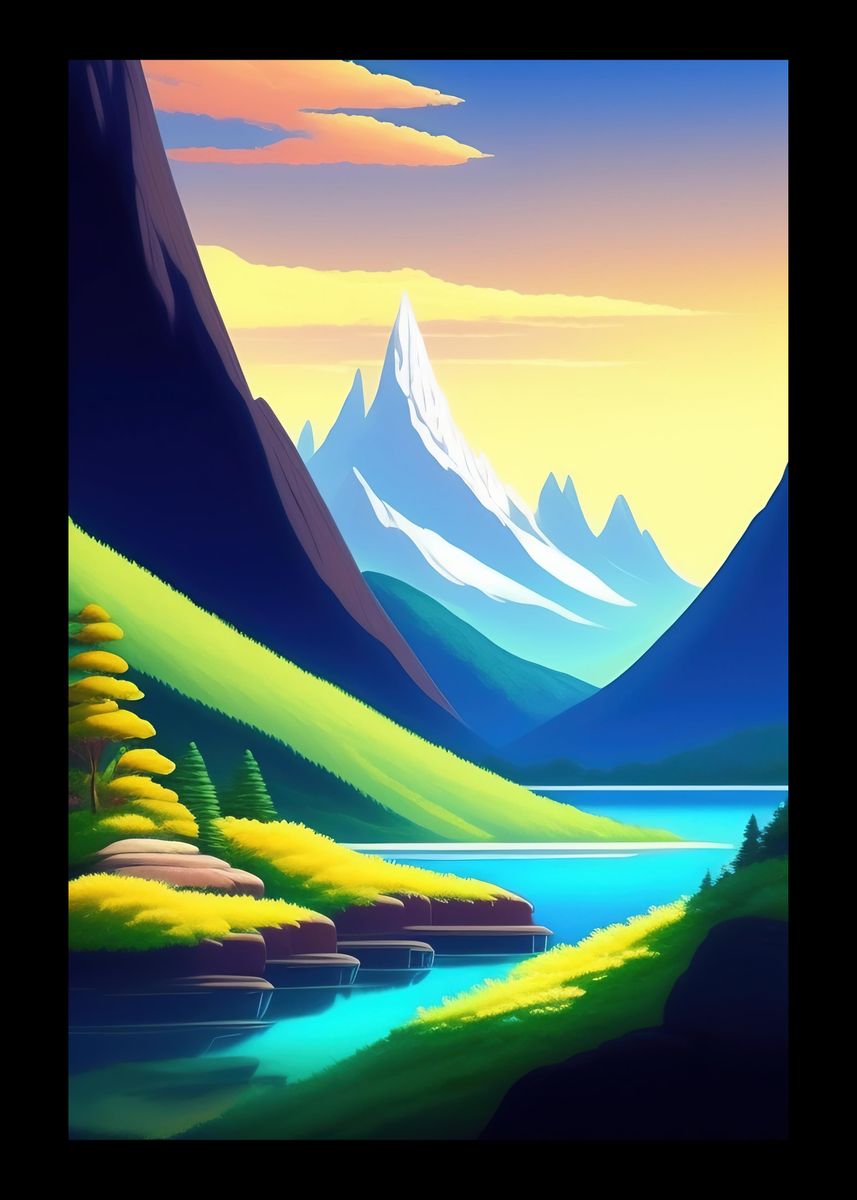 'Comic River And Mountain' Poster, picture, metal print, paint by ...