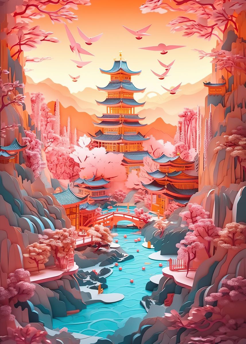 Poster Japonais Kirigami Sur Toile - 30 X 45 Cm - Décoration Murale Style Art Asiatique - Pour Bureau, Salon, Bar