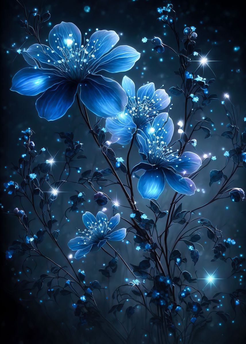 'Blue Neon Flowers' Poster, picture, metal print, paint by Sohail Rees ...