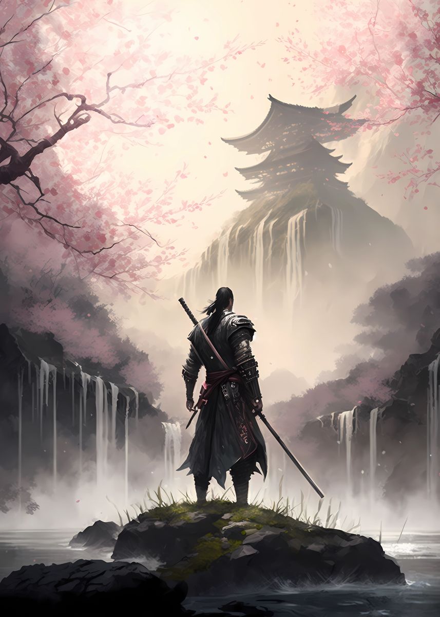 'Japanese Samurai Waterfall' Poster, picture, metal print, paint by ...