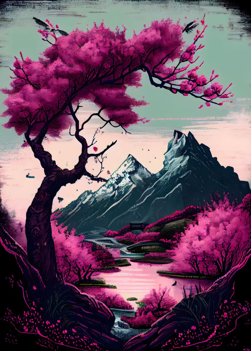 'Japan Cherry and Mountains' Poster by Zanoozi Art Gallery | Displate