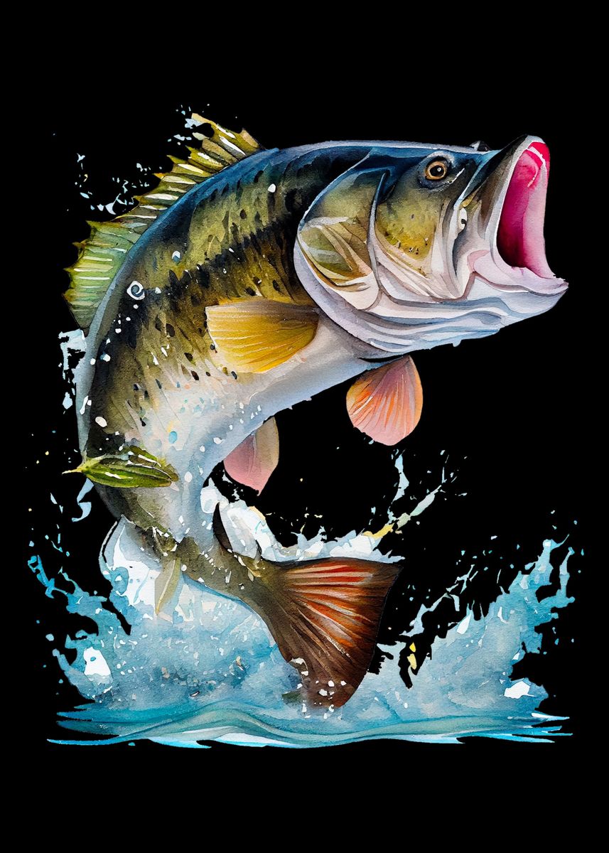 'Bass Fishing Splash Water' Poster, picture, metal print, paint by ...