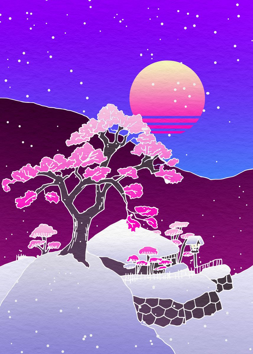 'Snowy Japanese Village' Poster, picture, metal print, paint by