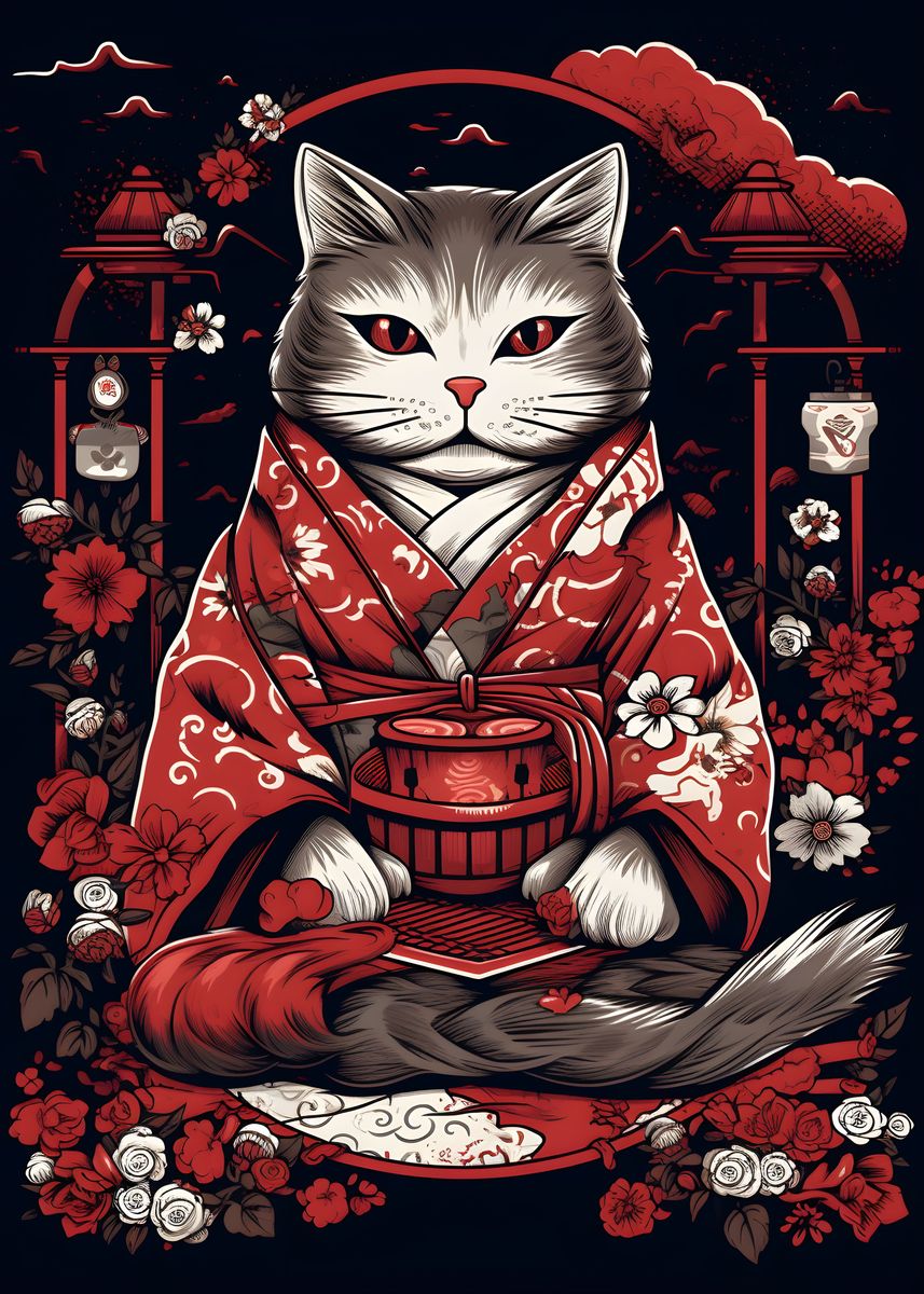 'Japan Cat With Kimono' Poster by Tracy Houston Displate
