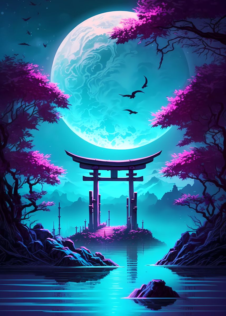 Anime torii gate sakura blossom dream moon