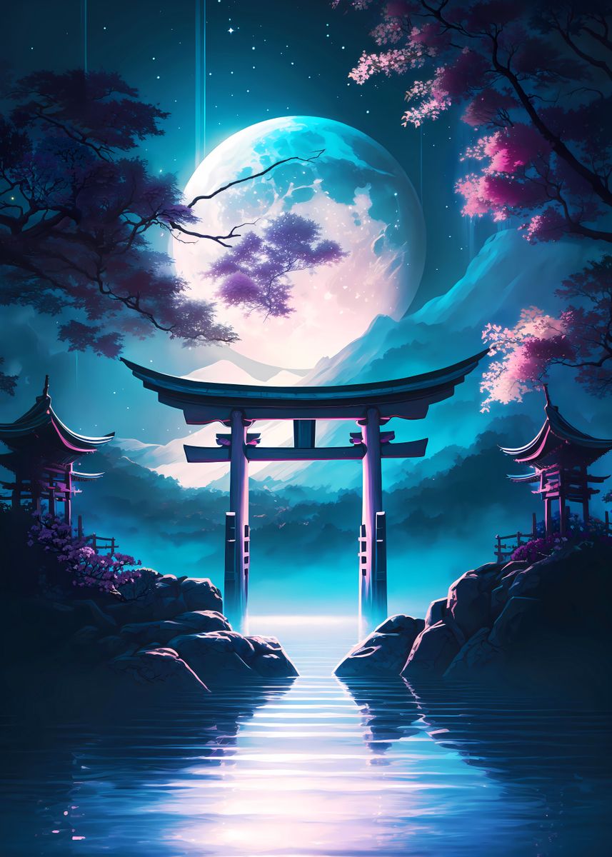 Anime torii gate sakura blossom dream moon