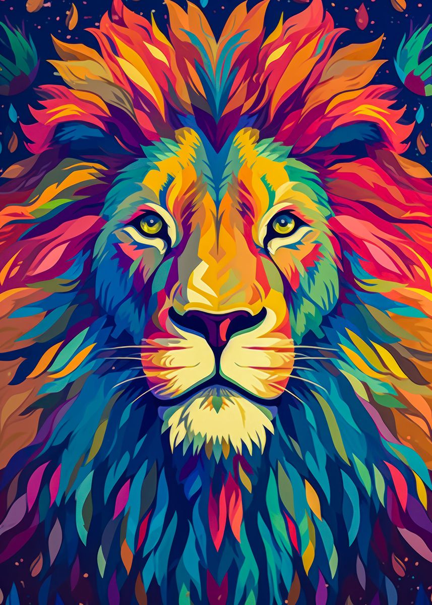 Colourful Lion Portrait Poster, picture, metal print, paint by Praxsel  Studios | Displate