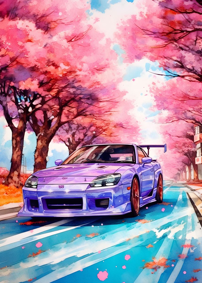 'Cherry blossom cars' Poster, picture, metal print, paint by Muhammad Irsan Displate