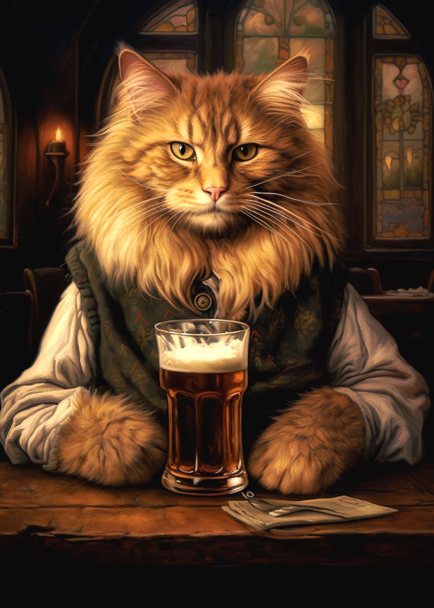 Majestic Cat Drinking Beer Poster By Adam Cousins Displate 5035