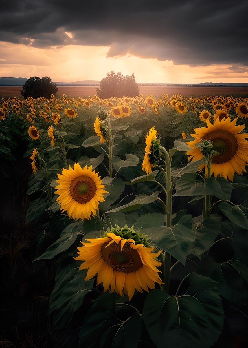 'Sunflower Field Grey Cloud' Poster, picture, metal print, paint by ...