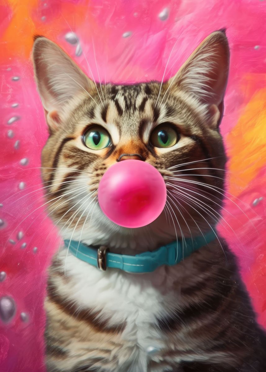 'Cat Blowing Bubbles' Poster, picture, metal print, paint by Jensen Art Displate