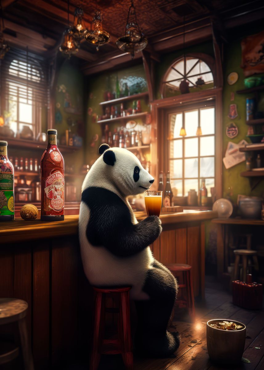 'Panda Drinking Alcohol Pub' Poster, picture, metal print, paint by ...
