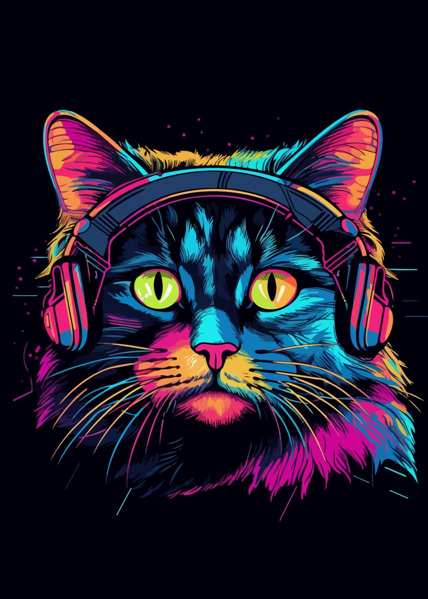 'Neon Cat Hearing Music' Poster, picture, metal print, paint by Don ...