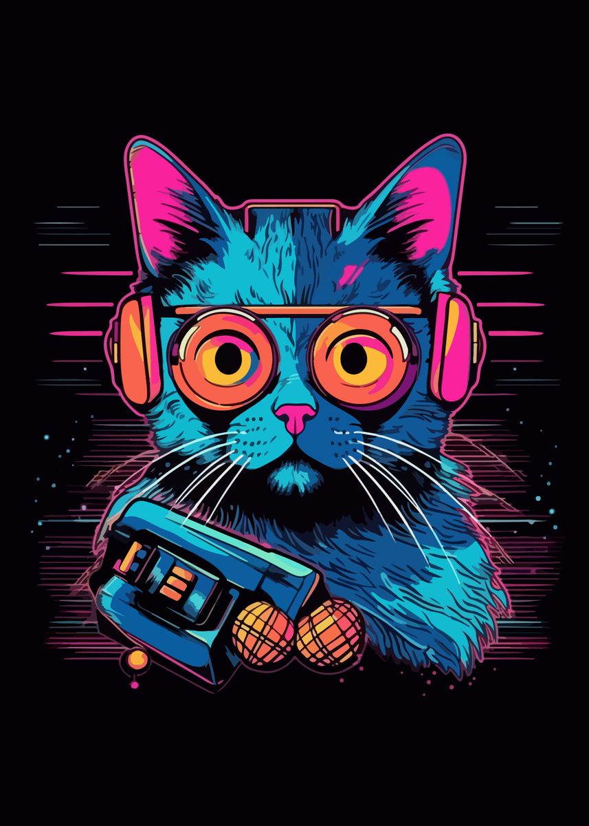 'neon Cat With Headphone' Poster By Don Lego 