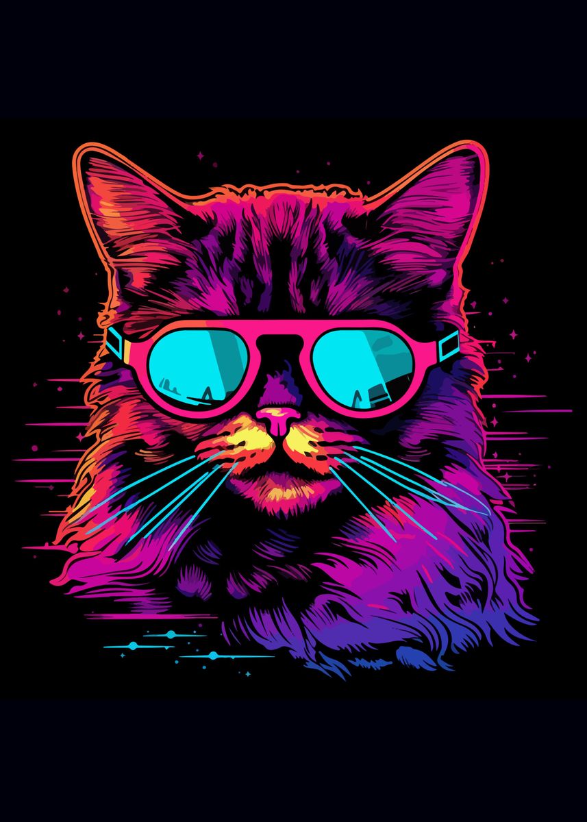 'Neon Cat Using Sunglasses' Poster, picture, metal print, paint by Don ...