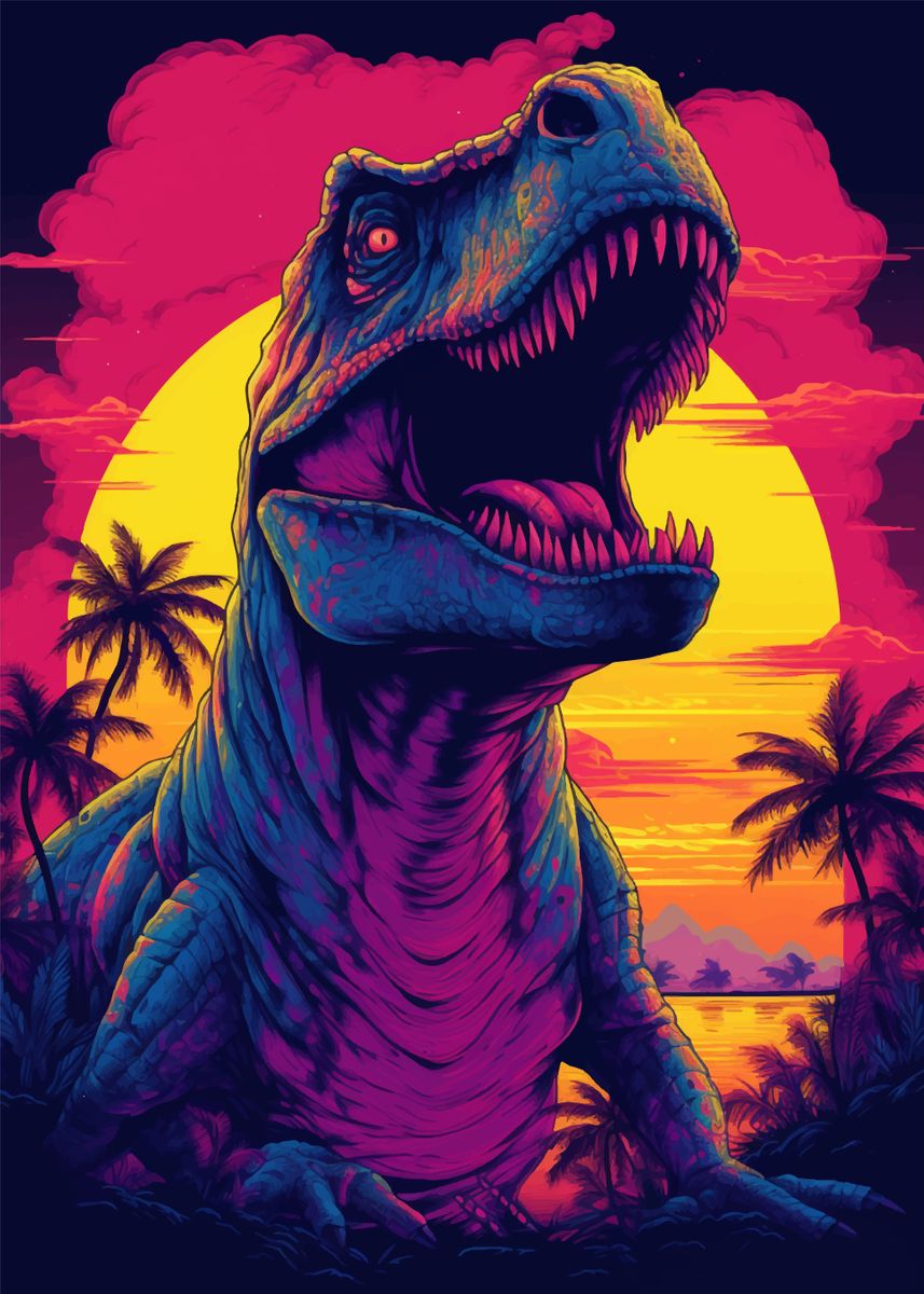 'Dinosaur T Rex Sunset Dino' Poster, picture, metal print, paint by ...