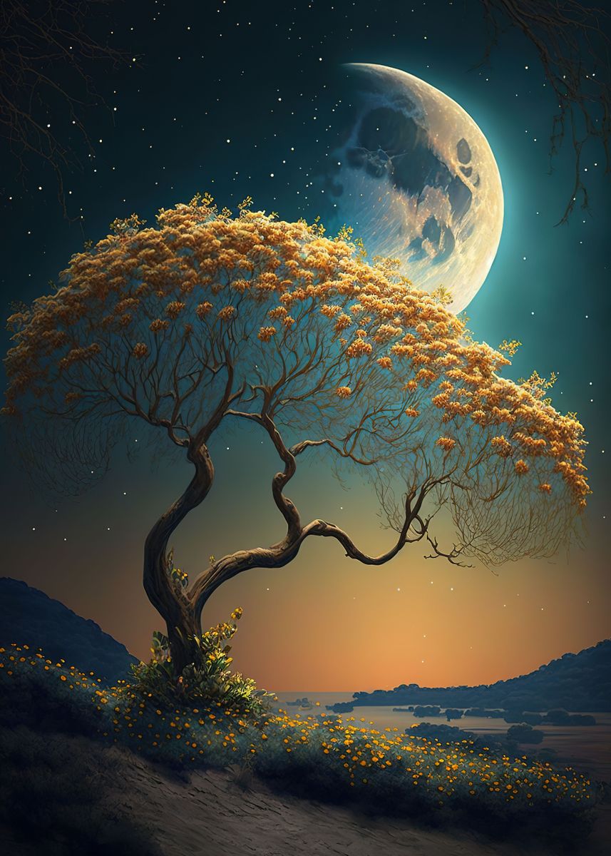 'Silhouette Tree and Moon ' Poster by Elysia | Displate