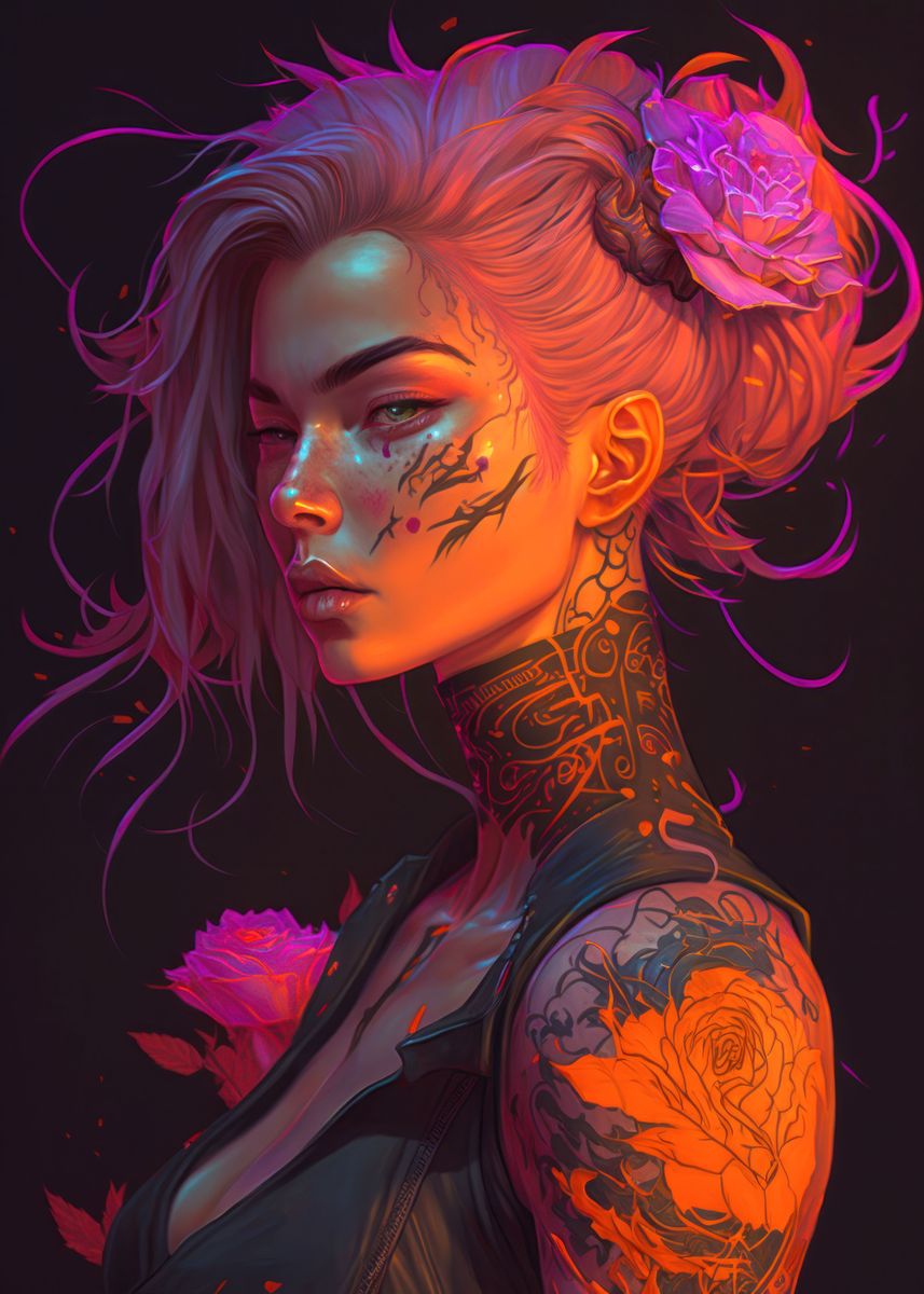 'Floral Cyberpunk Girl' Poster, picture, metal print, paint by ...