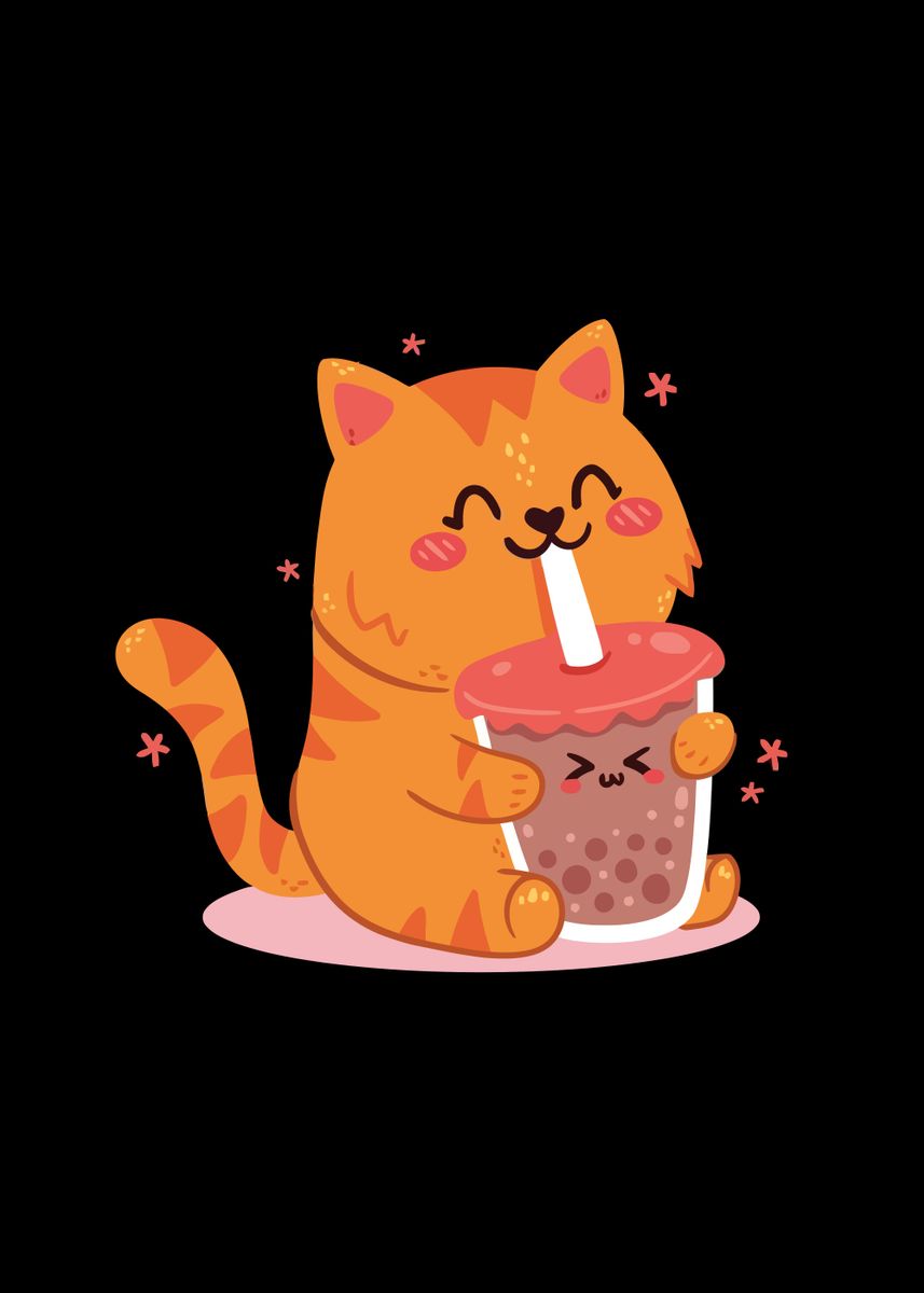 'Juice Cat Drinking' Poster, picture, metal print, paint by Earnestine