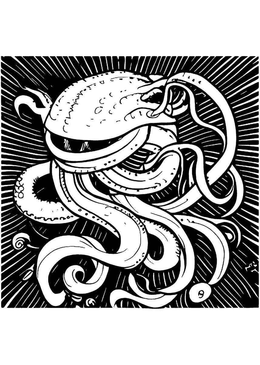 coiled python line art vector graphic by arief sapta... 'Kraken Monster Line Art' Poster, picture, metal print, paint by Arief ...