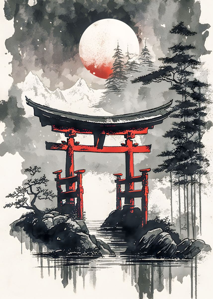 Japanese Torii Gate Ink Poster Picture Metal Print Paint By Muhammad Irsan Displate