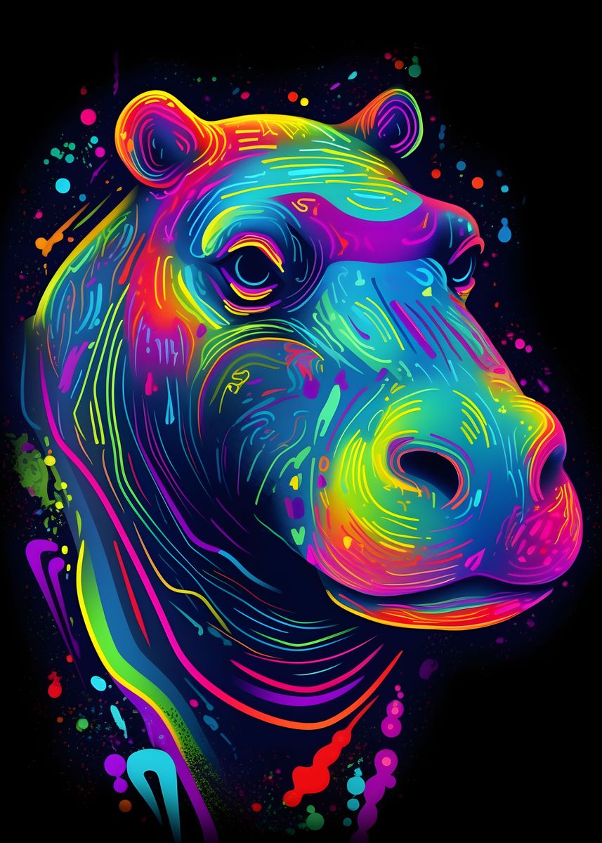 'Neon Hippo' Poster, picture, metal print, paint by Makadur | Displate