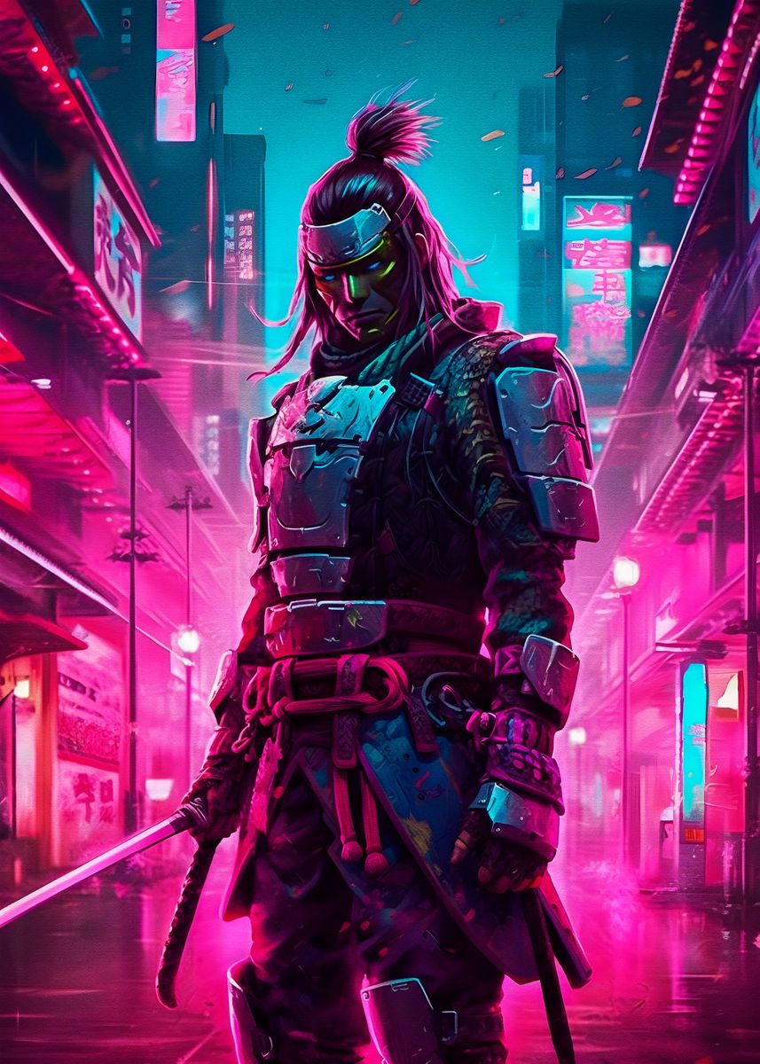 Samurai Cyberpunk 01' Poster, picture, metal print, paint by Elz 