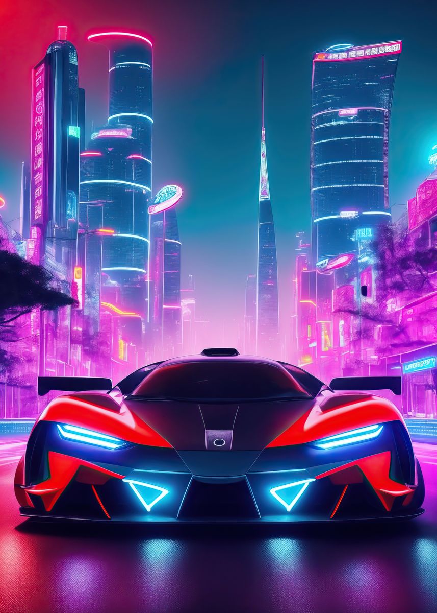 'Asian Neon City Sports Car' Poster by jodotodesign | Displate