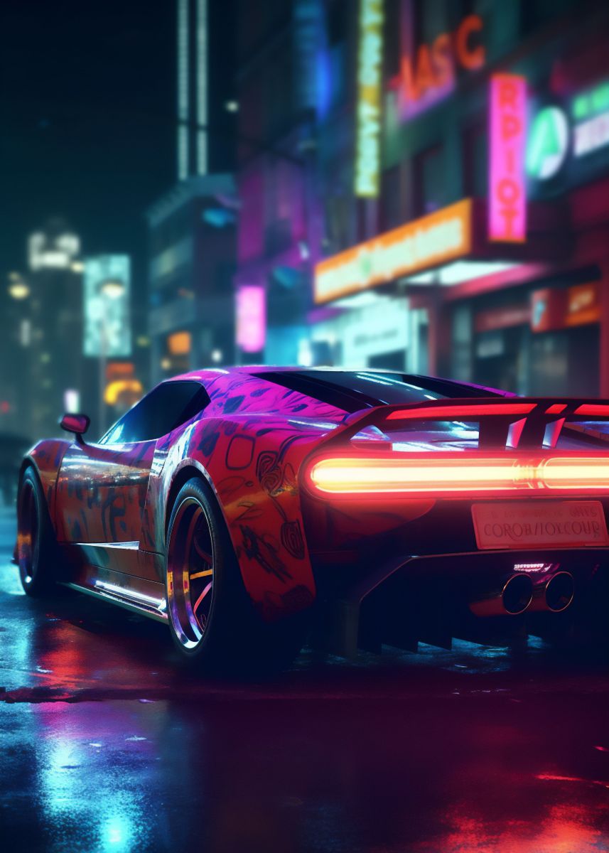 'Neon lights racing car' Poster by Bofferding Displate