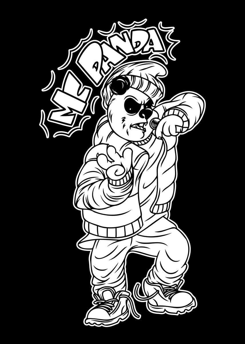 Cartoon Rapping Panda 'Rap Panda BnW 03' Poster, picture, metal print, paint by hendra ...