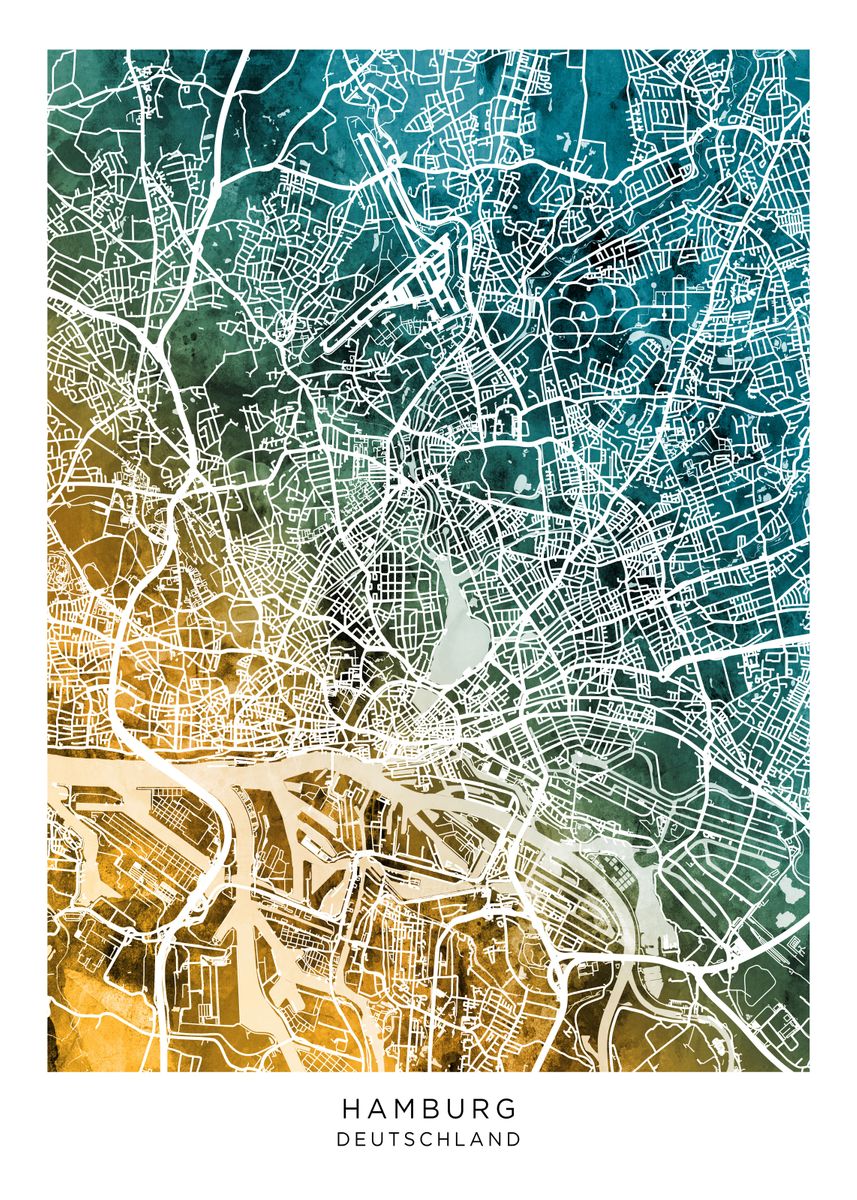 'Hamburg Germany Map' Poster, picture, metal print, paint by Michael ...