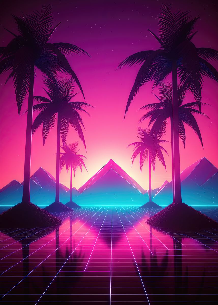 ‘Palm Tree Retrowave’ Poster, picture, metal print, paint by