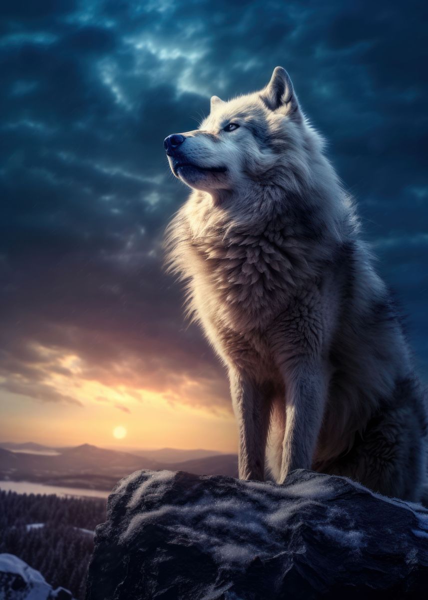 'white wolf in sunset' Poster by Adel S | Displate