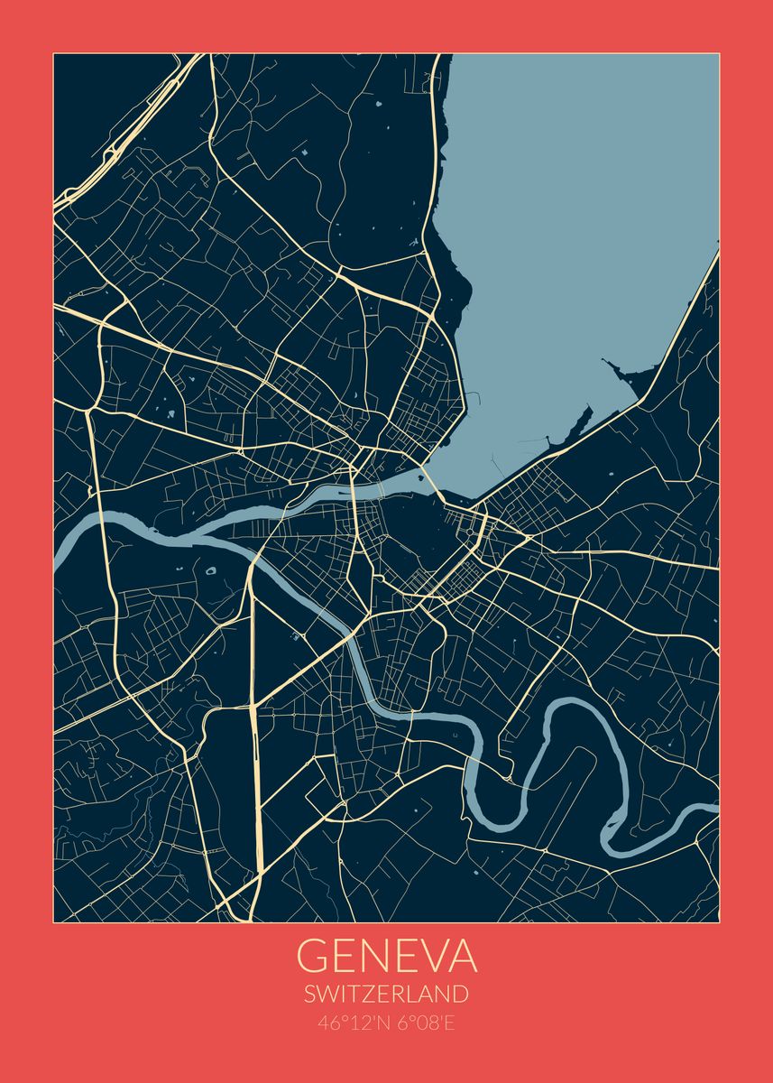 'Geneva Map Red Blue' Poster, picture, metal print, paint by dkDesign ...