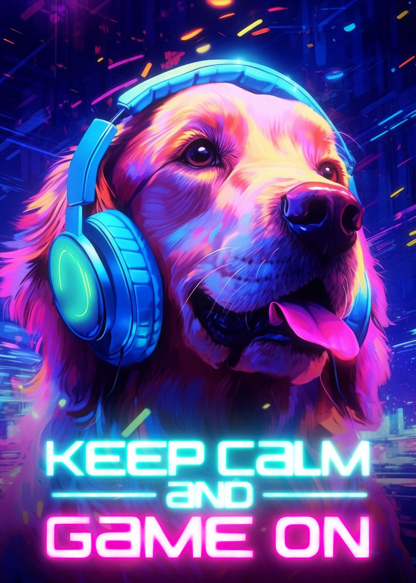 'Golden Retriever Game On' Poster, picture, metal print, paint by