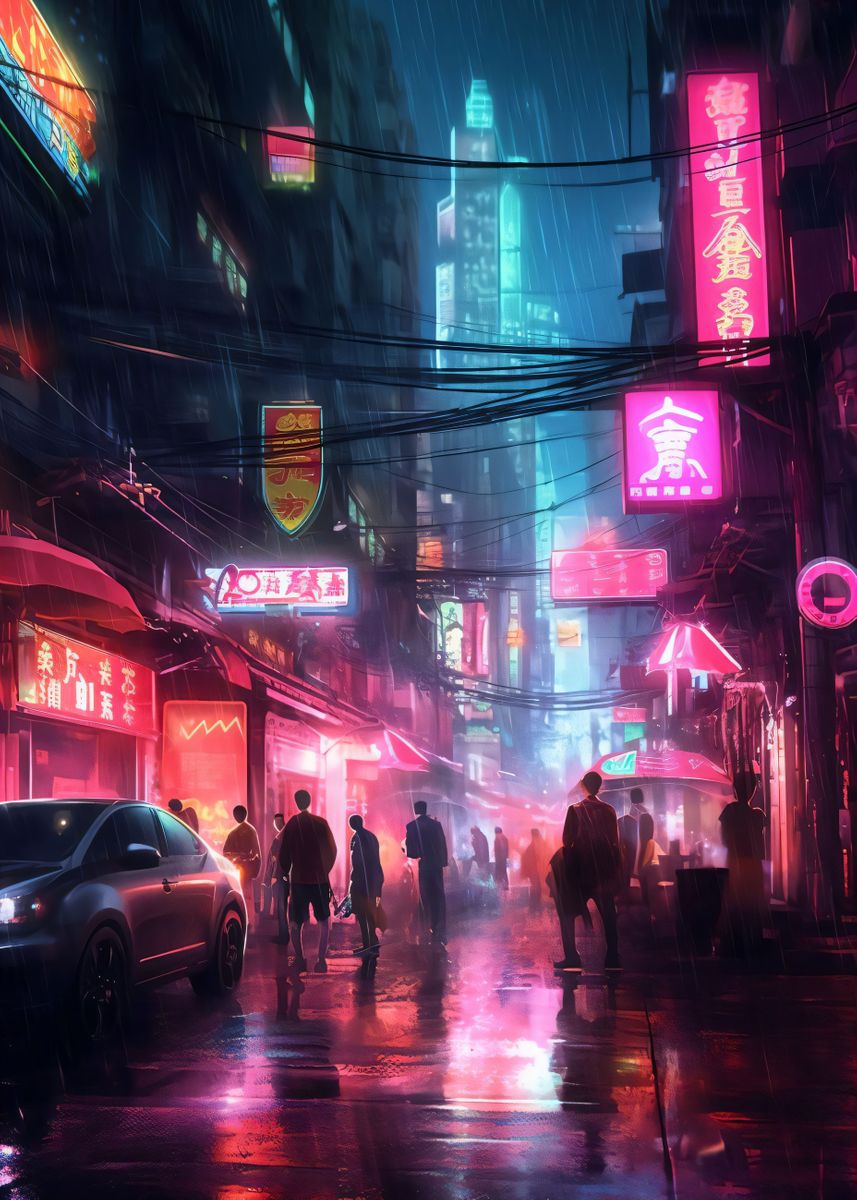 'Neon Rain in Tokyo' Poster, picture, metal print, paint by Vincent ...