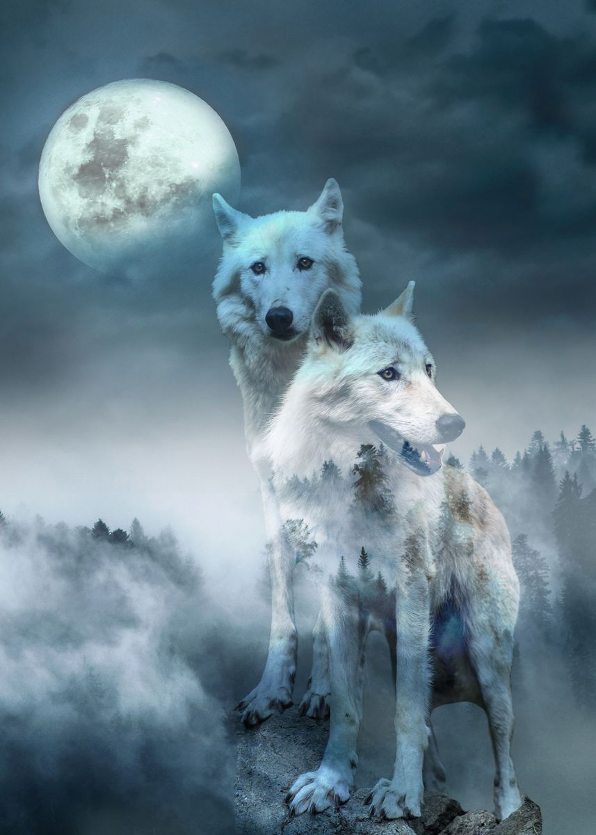 'White Wolves and Moon' Poster, picture, metal print, paint by Erika ...