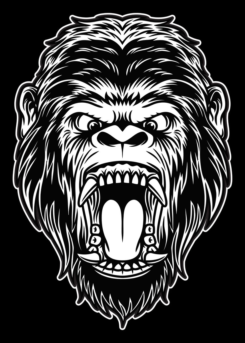 'Gorilla head mascot BnW' Poster, picture, metal print, paint by hendra ...