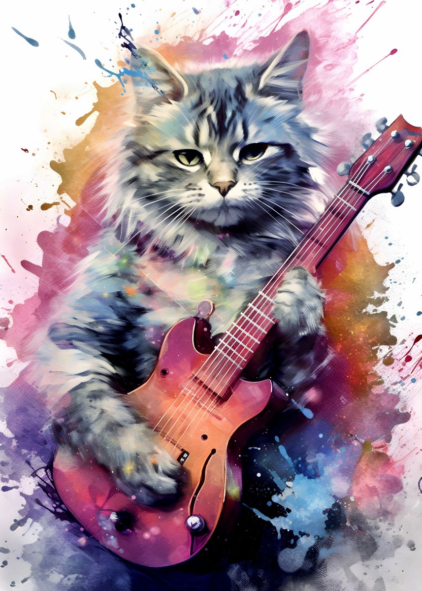 ‘cute cat guitars play’ Poster by Elz art | Displate