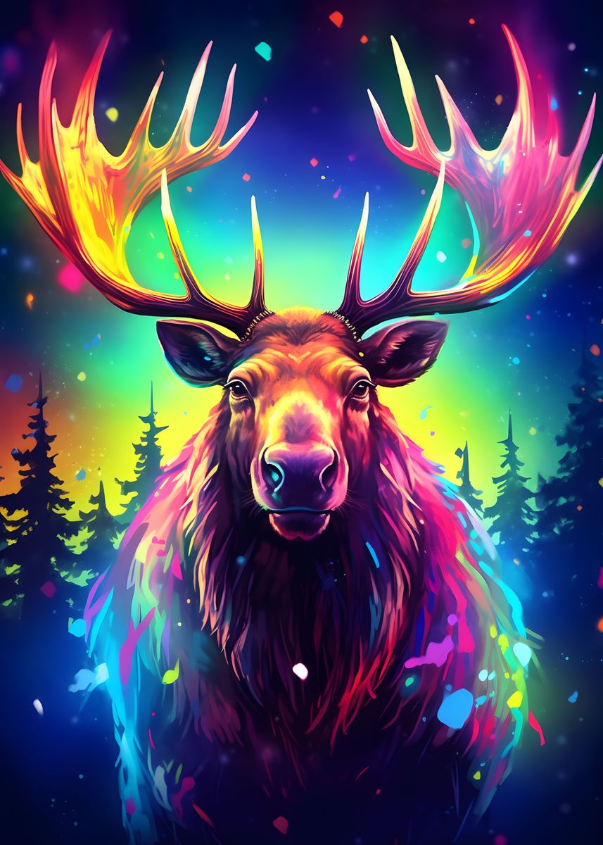 'Neon Moose' Poster, picture, metal print, paint by Makadur | Displate