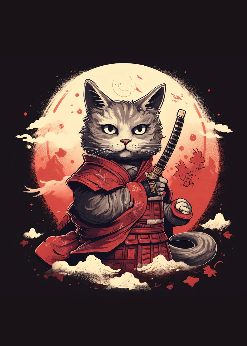 'Samurai Cat Japanese' Poster, picture, metal print, paint by Examm ...