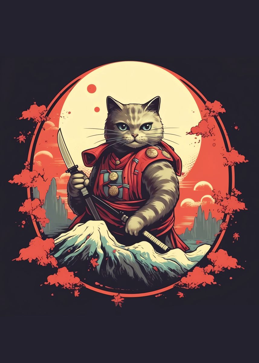 'Samurai Cat Japanese' Poster by Examm Studios | Displate