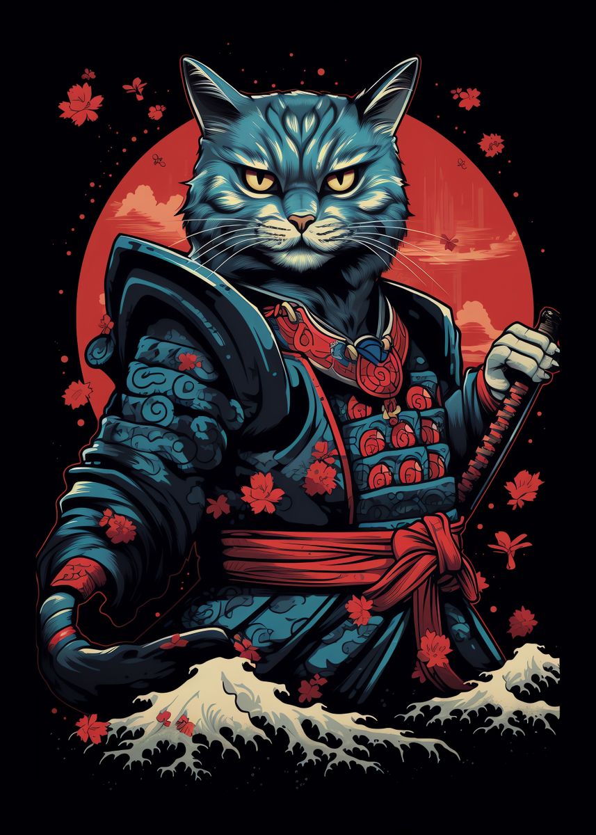 'Samurai Cat Japanese' Poster by Examm Studios | Displate