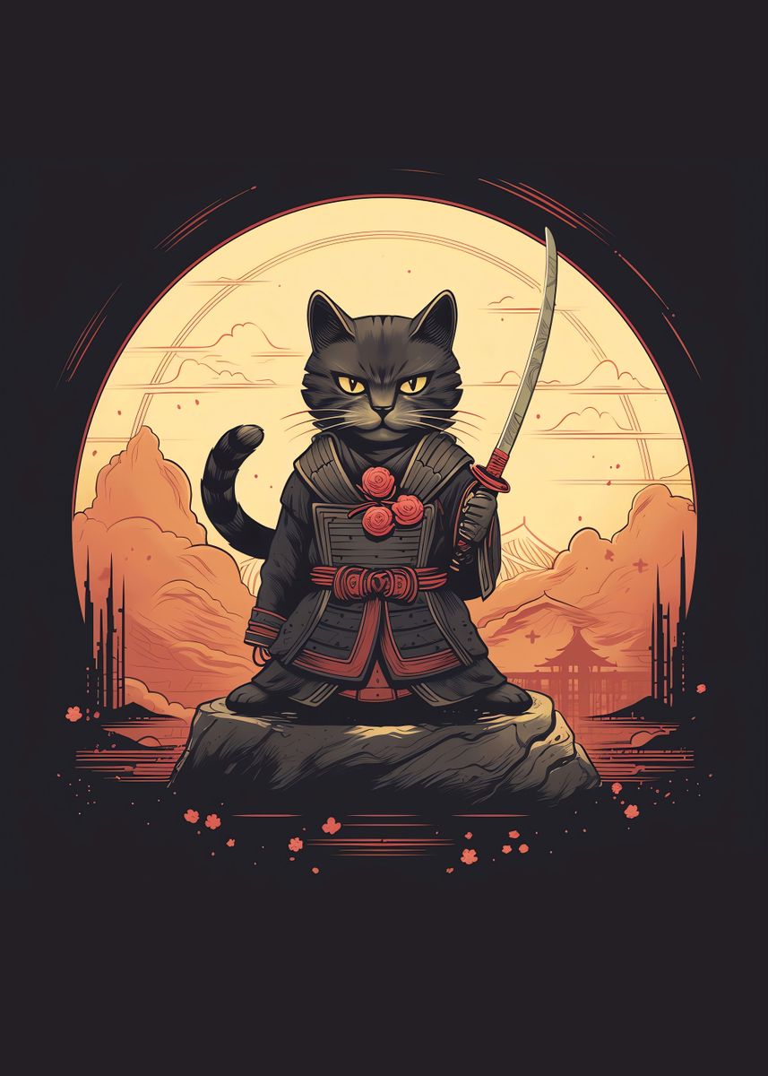 'Samurai Cat Japanese' Poster by Examm Studios | Displate