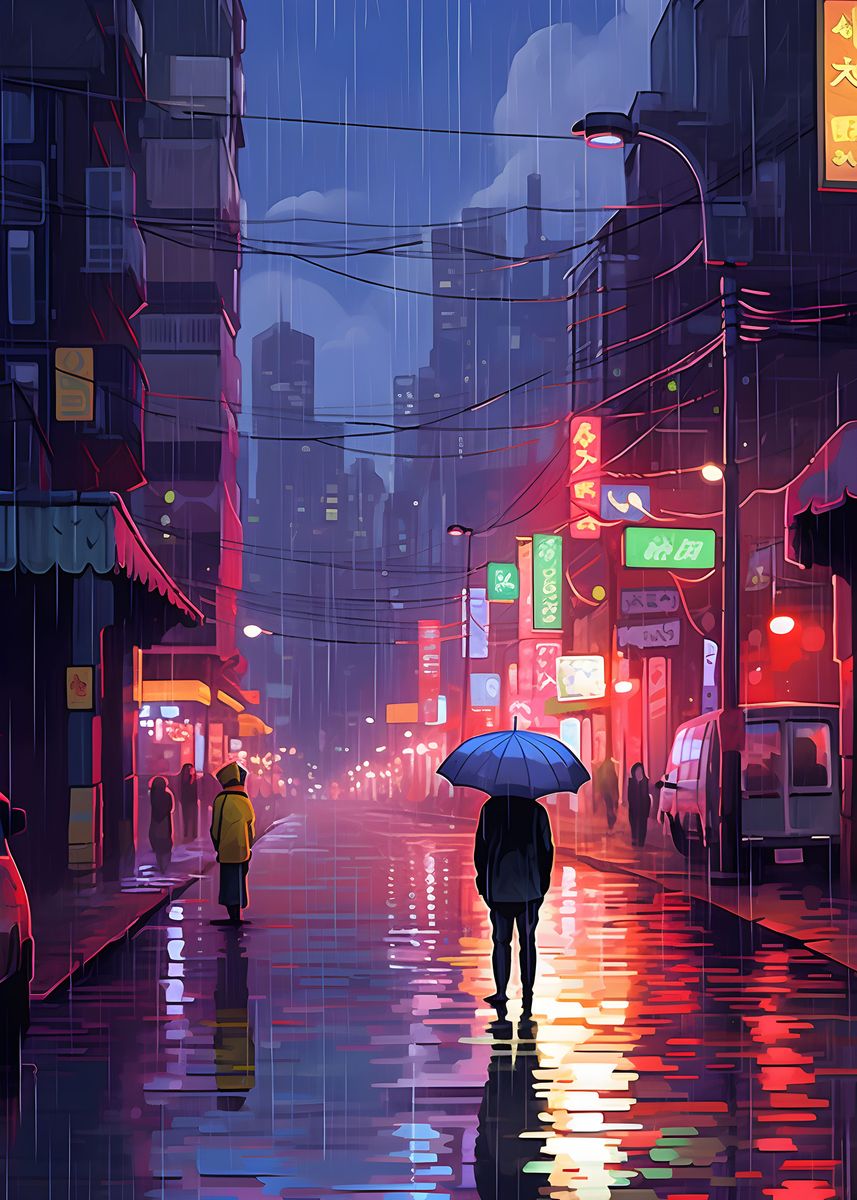 'Tokyo Night Rain Neon ' Poster, picture, metal print, paint by minh ha ...