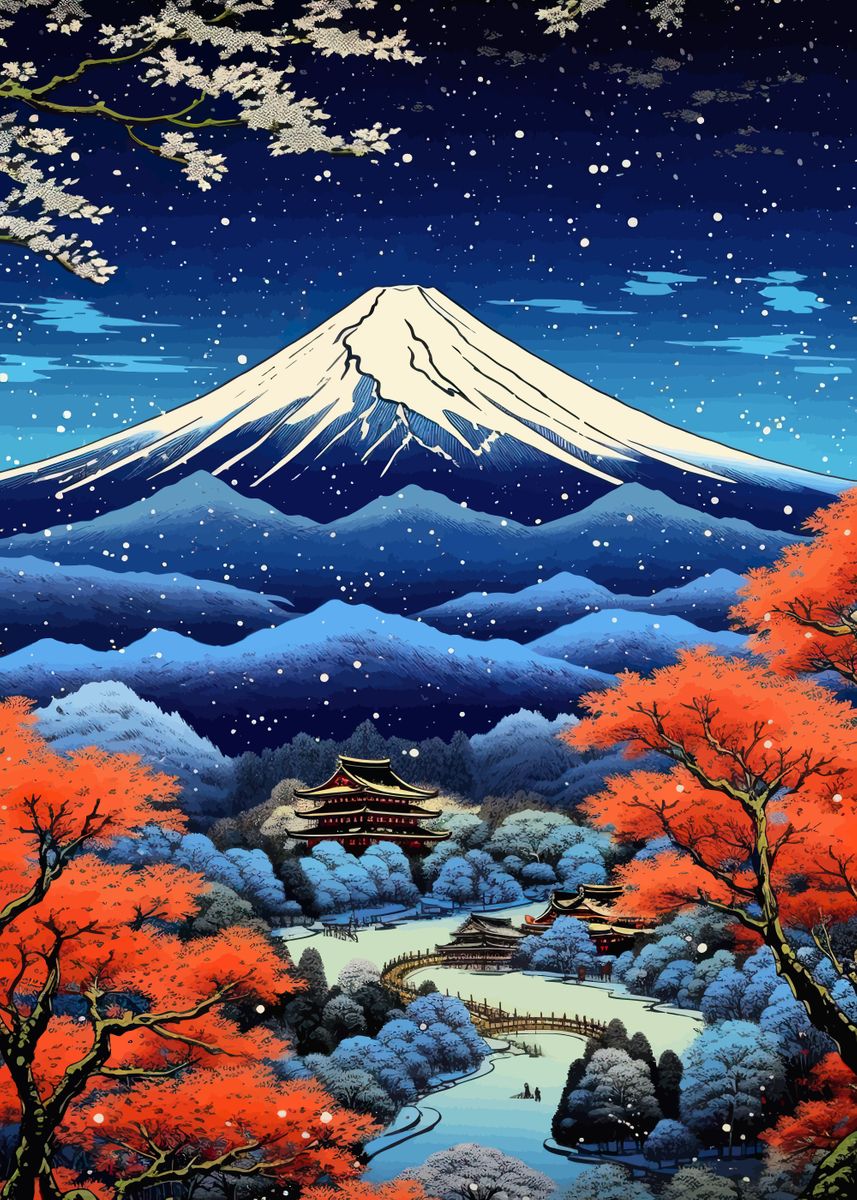 'ukiyo e Mount Fuji sakura' Poster, picture, metal print, paint by ...